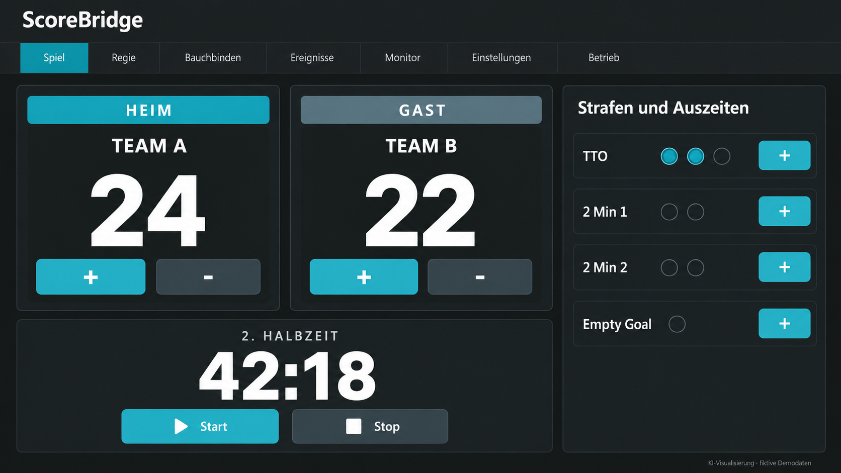Illustration der ScoreBridge-Spielsteuerung mit fiktiven Teams